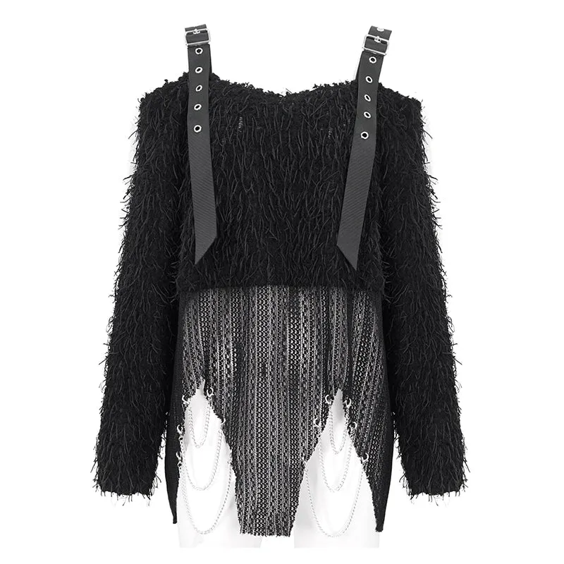 SR015 Plush mesh off-the-shoulder short sweater with chain