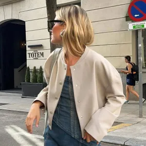 TAVIMART  -  Woman Bomber Jacket White Autumn Winter Cropped Jackets for Women Long Sleeve with Buttons Lady Vintage Outwear