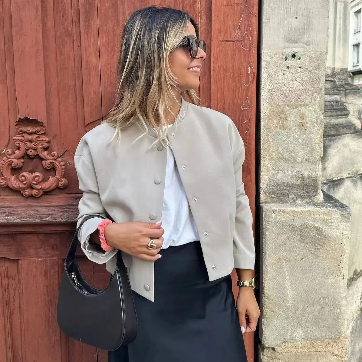 TAVIMART  -  Woman Bomber Jacket White Autumn Winter Cropped Jackets for Women Long Sleeve with Buttons Lady Vintage Outwear