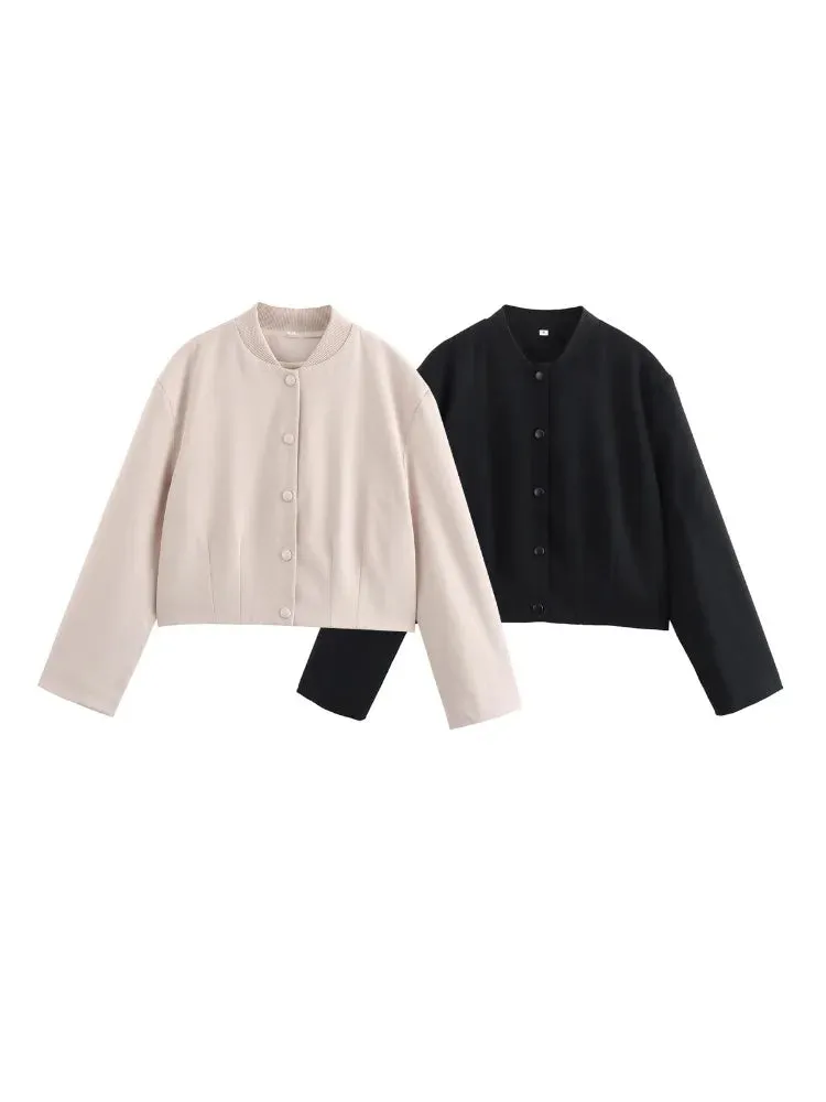 TAVIMART  -  Woman Bomber Jacket White Autumn Winter Cropped Jackets for Women Long Sleeve with Buttons Lady Vintage Outwear