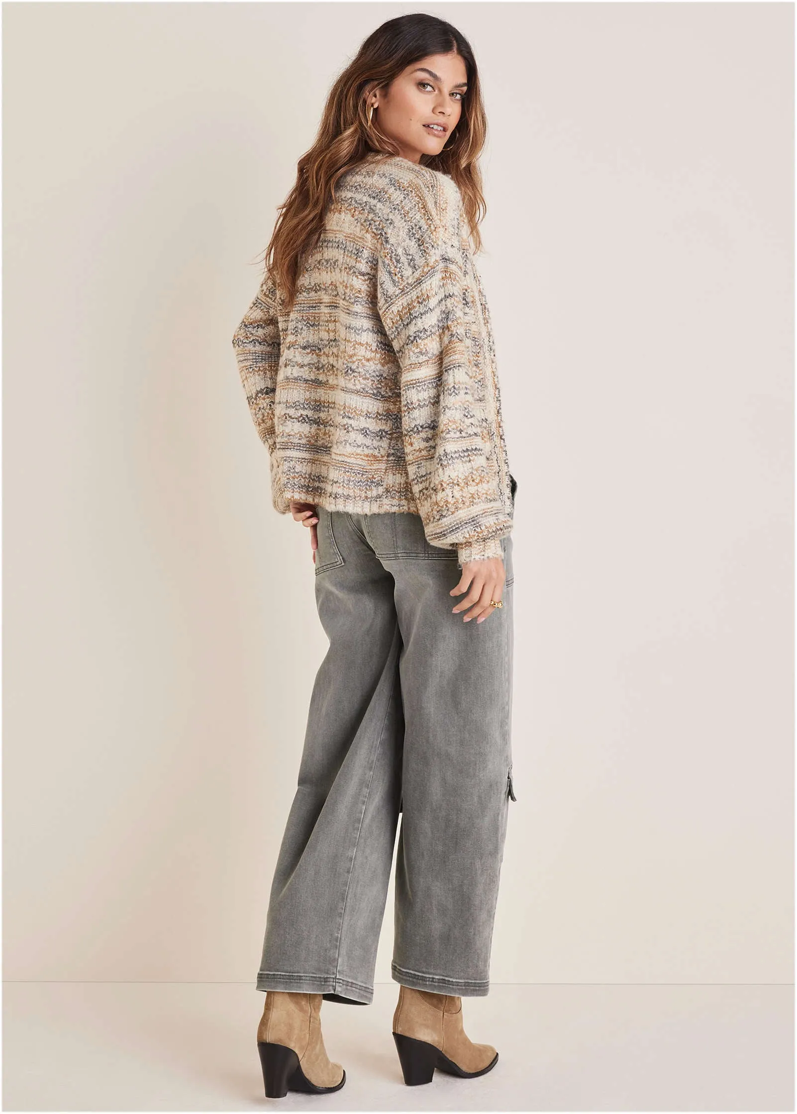 Textured Yarn Cardigan - Grey & Tan