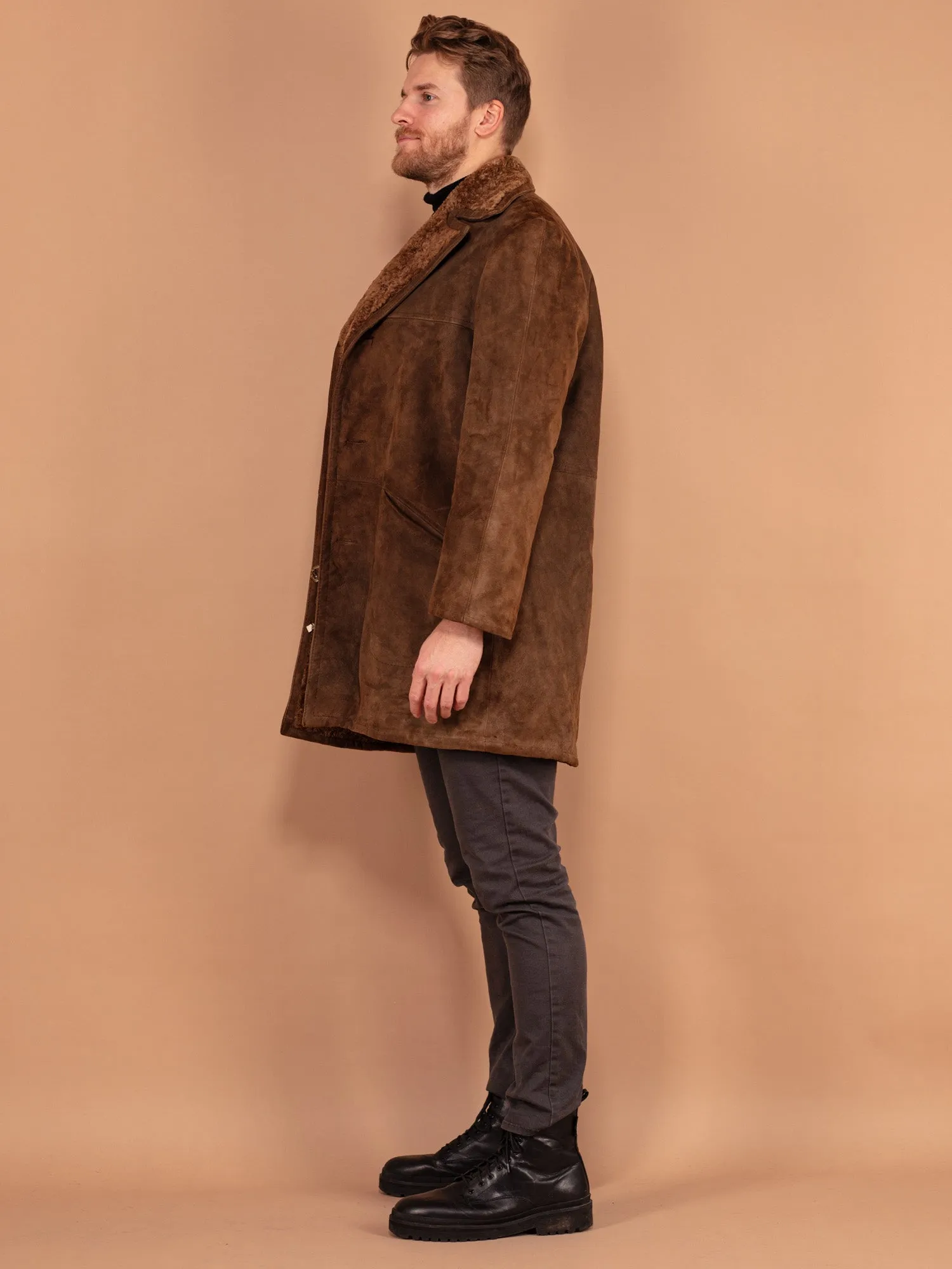 Vintage 70's Men Western Sheepskin Suede Coat in Brown
