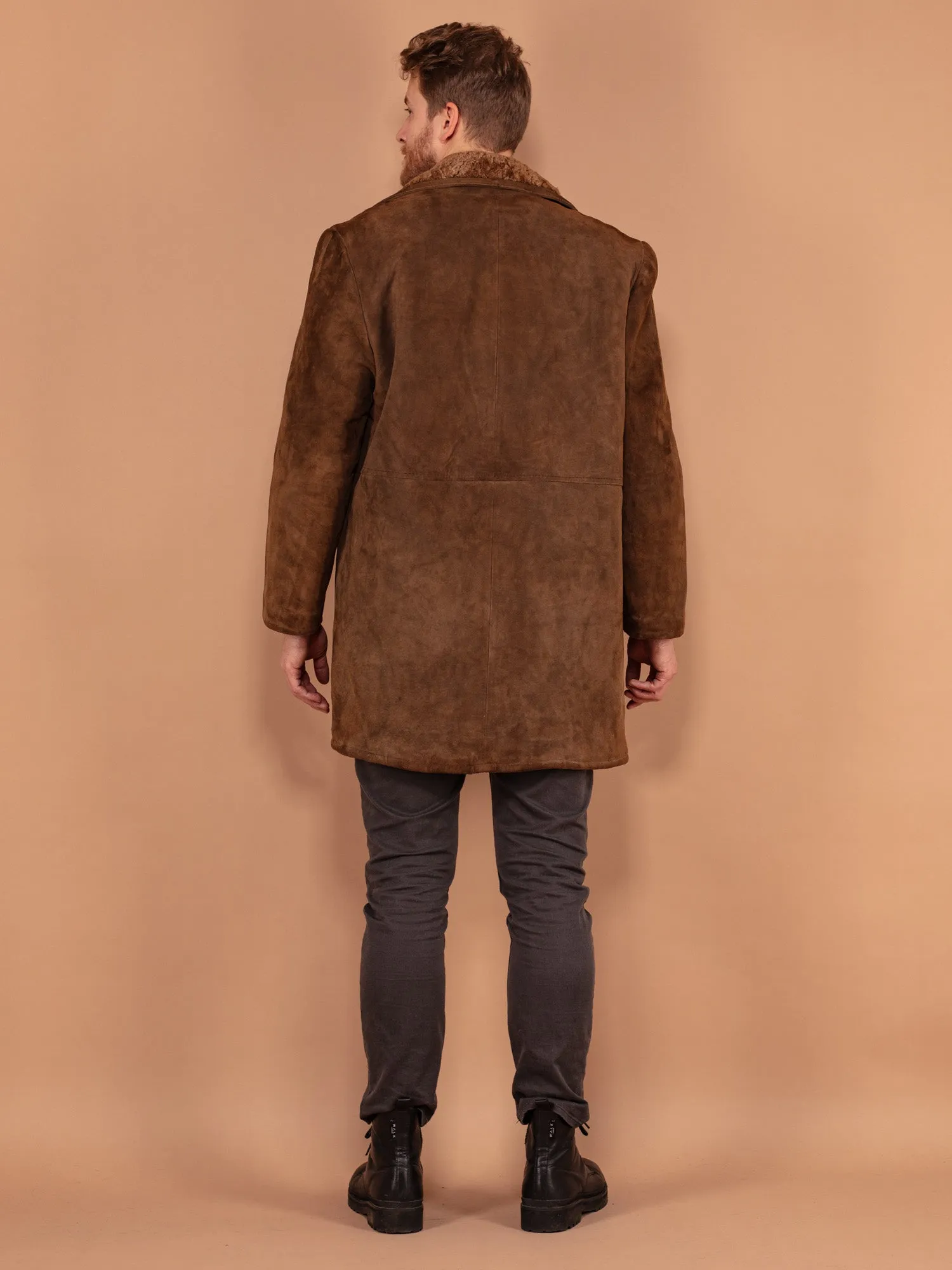 Vintage 70's Men Western Sheepskin Suede Coat in Brown