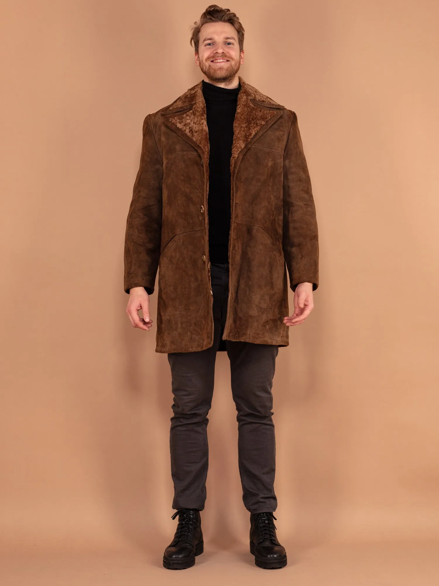Vintage 70's Men Western Sheepskin Suede Coat in Brown