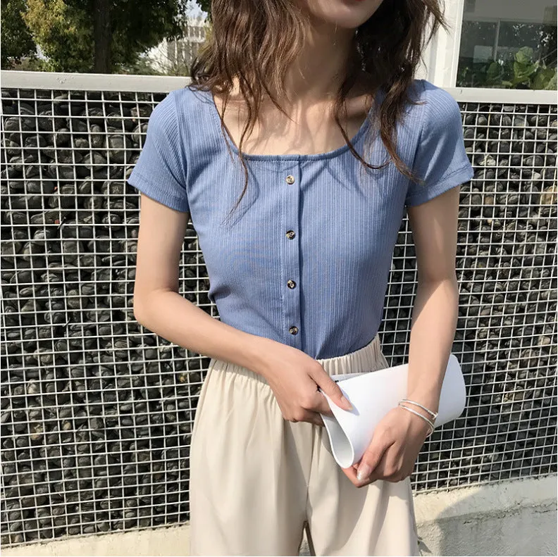 Vintage Square Neck INS Short Sleeve T-Shirt Women Summer Western Feminine Niche Short Slim Look Tops Outerwear