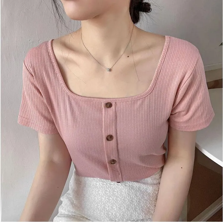 Vintage Square Neck INS Short Sleeve T-Shirt Women Summer Western Feminine Niche Short Slim Look Tops Outerwear