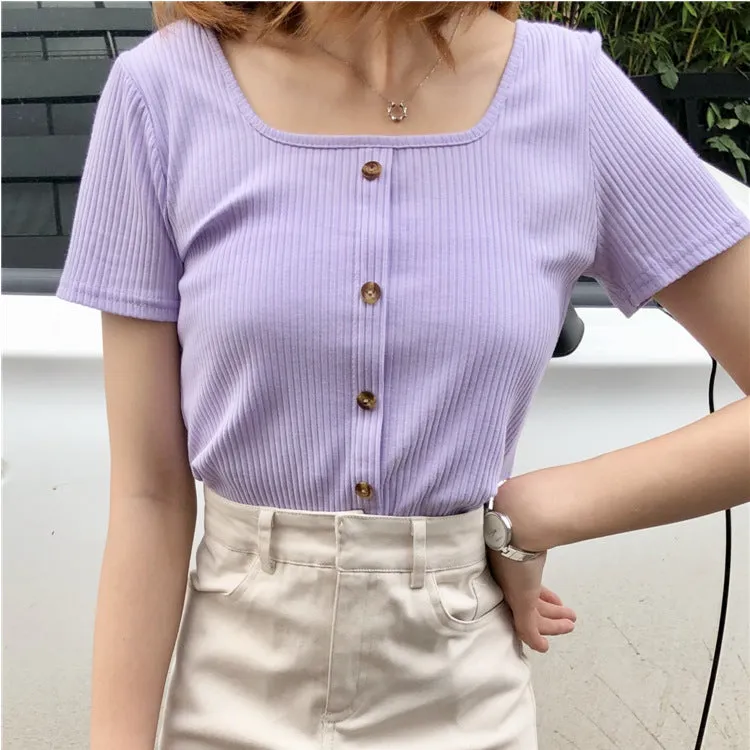 Vintage Square Neck INS Short Sleeve T-Shirt Women Summer Western Feminine Niche Short Slim Look Tops Outerwear