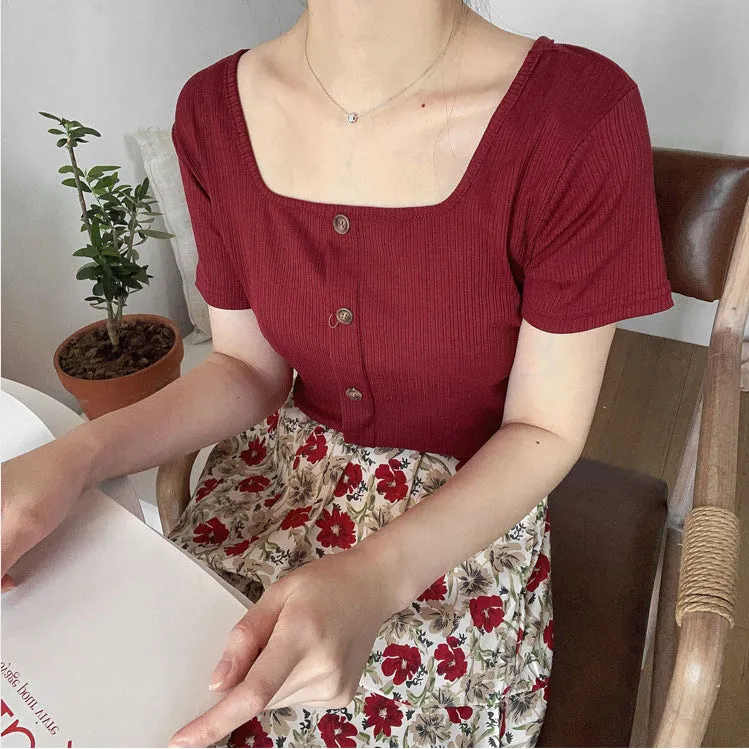 Vintage Square Neck INS Short Sleeve T-Shirt Women Summer Western Feminine Niche Short Slim Look Tops Outerwear