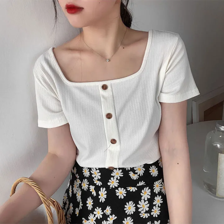 Vintage Square Neck INS Short Sleeve T-Shirt Women Summer Western Feminine Niche Short Slim Look Tops Outerwear