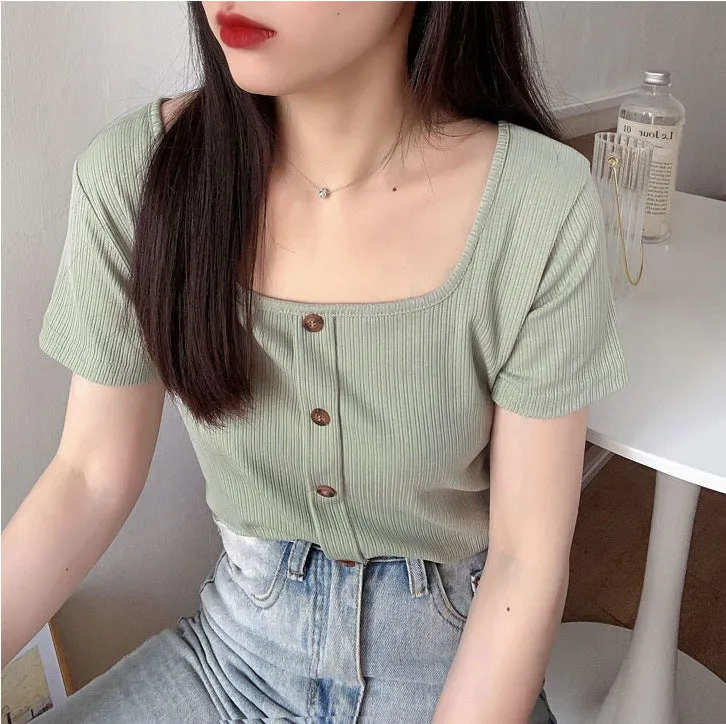 Vintage Square Neck INS Short Sleeve T-Shirt Women Summer Western Feminine Niche Short Slim Look Tops Outerwear
