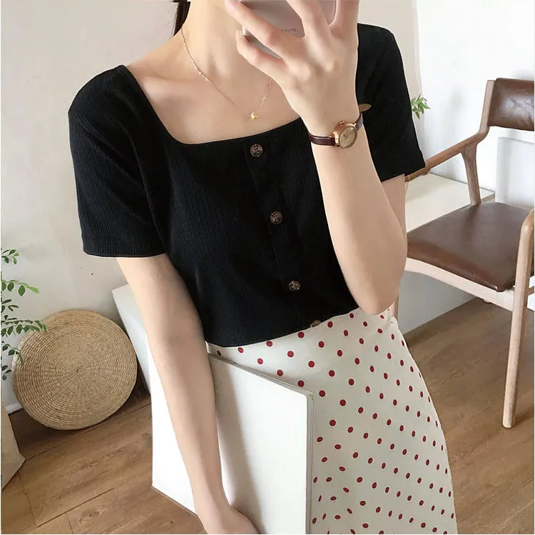 Vintage Square Neck INS Short Sleeve T-Shirt Women Summer Western Feminine Niche Short Slim Look Tops Outerwear