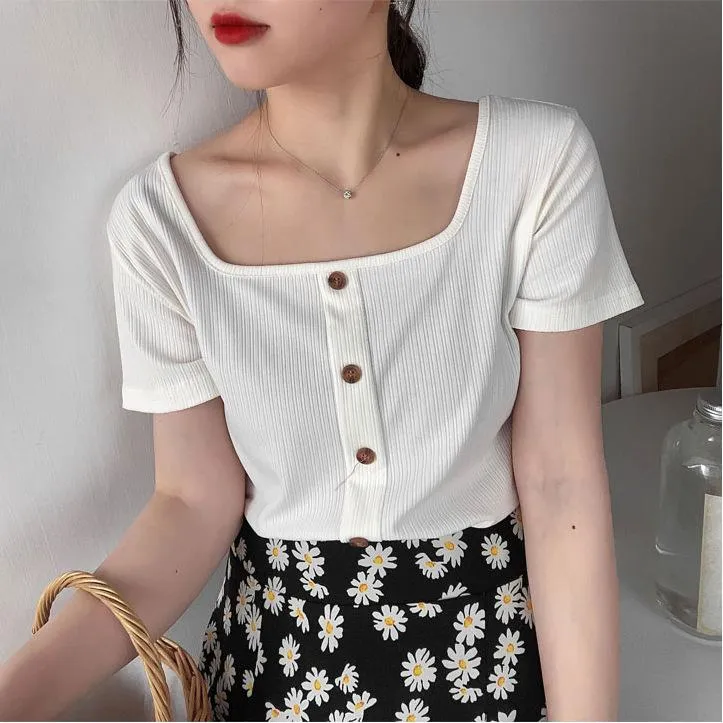 Vintage Square Neck INS Short Sleeve T-Shirt Women Summer Western Feminine Niche Short Slim Look Tops Outerwear