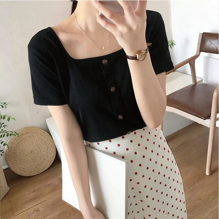 Vintage Square Neck INS Short Sleeve T-Shirt Women Summer Western Feminine Niche Short Slim Look Tops Outerwear