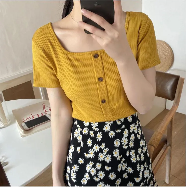 Vintage Square Neck INS Short Sleeve T-Shirt Women Summer Western Feminine Niche Short Slim Look Tops Outerwear