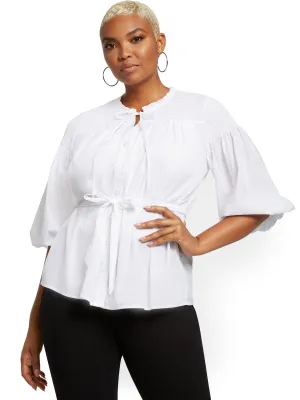 White Smocked Belted Shirt
