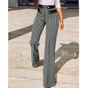 Women's Chic Plaid High Waisted Flared Pants with Button and Buckle Design | Perfect for All Seasons