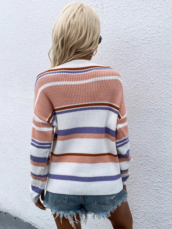 Women's Striped Round Neck Long Sleeve Sweater