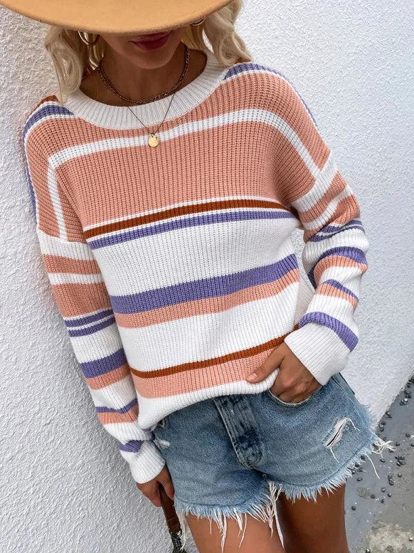 Women's Striped Round Neck Long Sleeve Sweater