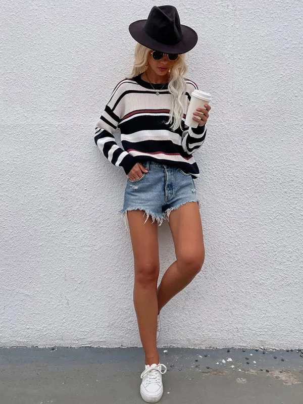 Women's Striped Round Neck Long Sleeve Sweater